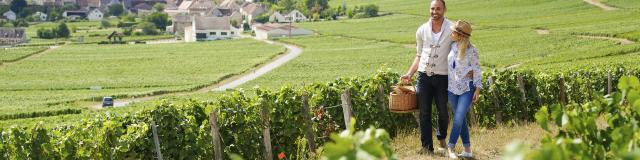 Paar beim Wandern zwischen Champagnerreben im Département Aisne, Nordfrankreich. Copyright: CRTC Hauts-de-France - Vincent Colin