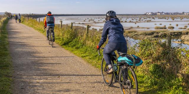 Baie de Somme_promeneurs et cyclistes sur la digue du bassin de chasse au Crotoy © CRTC Hauts-de-France - Stéphane BOUILLAND