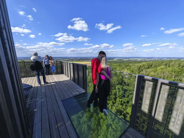 Parc Départemental d'Olhain (Pas-de-Calais, 62). La plateforme du Belvédère du Parc d’Olhain culmine à 210m d'altitude et la plus haute plateforme se situe à 30 mètres au dessus de la plaine de jeu